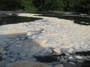 Nile surface covered with foam as we approach the falls